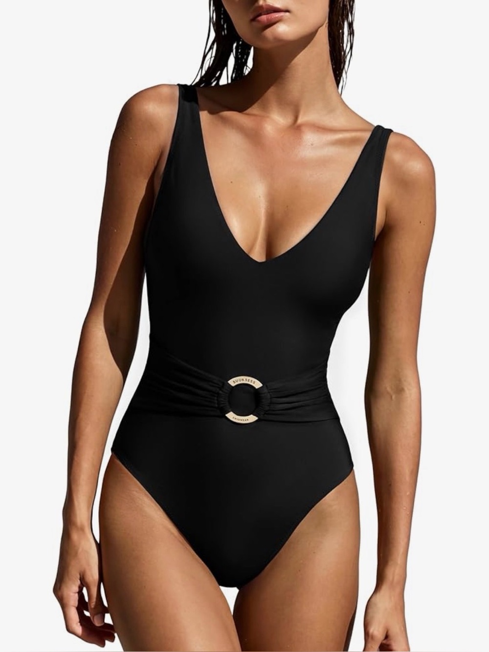 Black One-Piece Swimsuit with Ring Waist Detail and Tummy Control